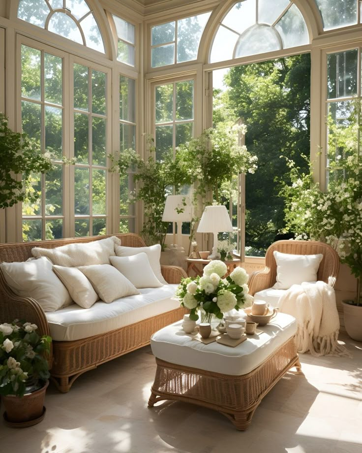 Cozy sunroom with wicker furniture, white cushions, and lush greenery, offering a serene, well-lit space for relaxation.