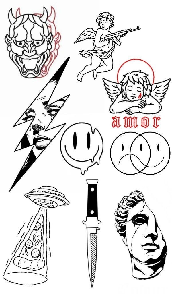 A collection of eclectic tattoo-style designs: demon, angel, mask, smiley faces, UFO, dagger, and statue.