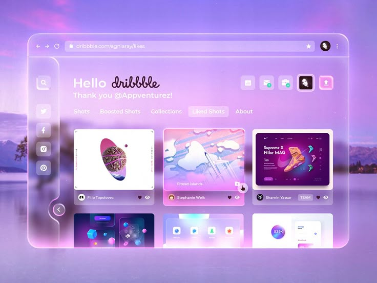 Dribbble profile page with creative design shots, featuring a modern, purple-themed user interface.