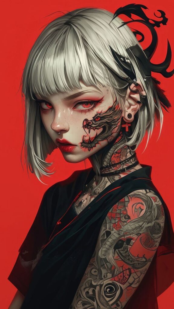 Futuristic anime character with dragon tattoos, red eyes, and silver hair on a vibrant red background.