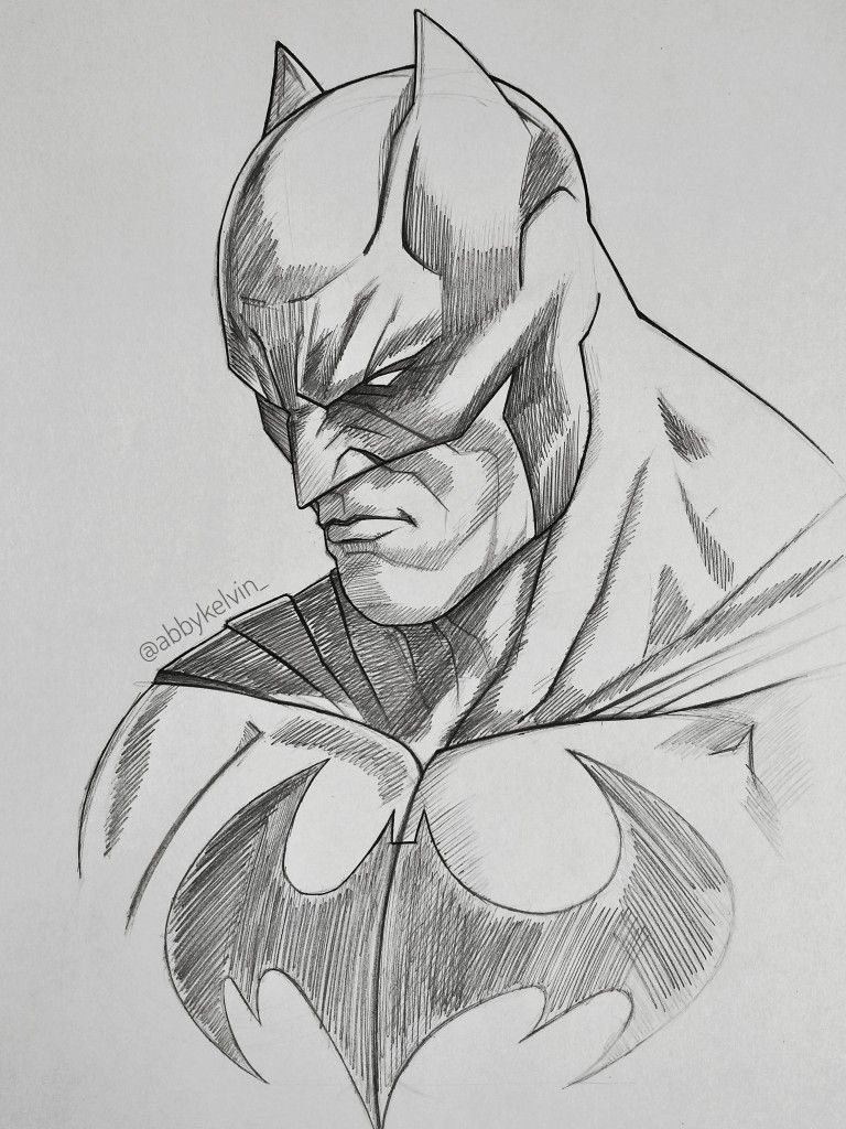 Pencil sketch of a superhero with a bat emblem on the chest, showcasing detailed shading and iconic cowl.