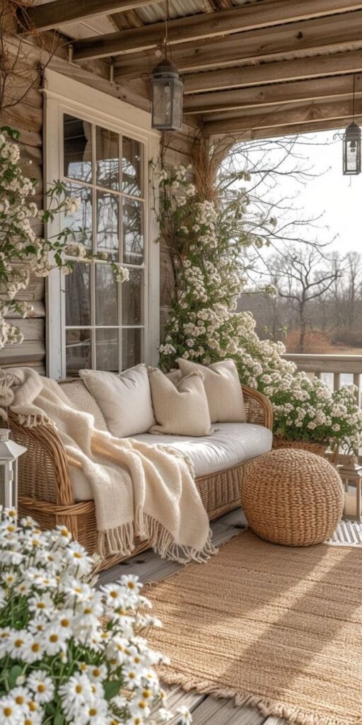 Cozy porch with wicker sofa, cushions, and blanket surrounded by white flowers and natural decor.