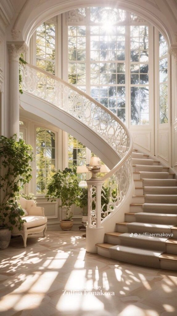 Elegant spiral staircase in sunlit room with large windows, greenery, and classic furniture.