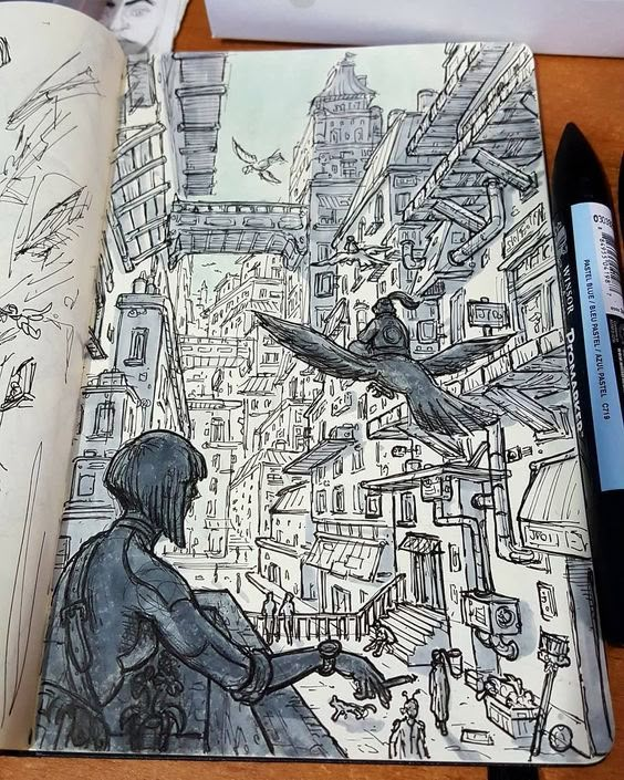 Sketch of a bustling cityscape with a person overlooking flying birds and detailed architecture.