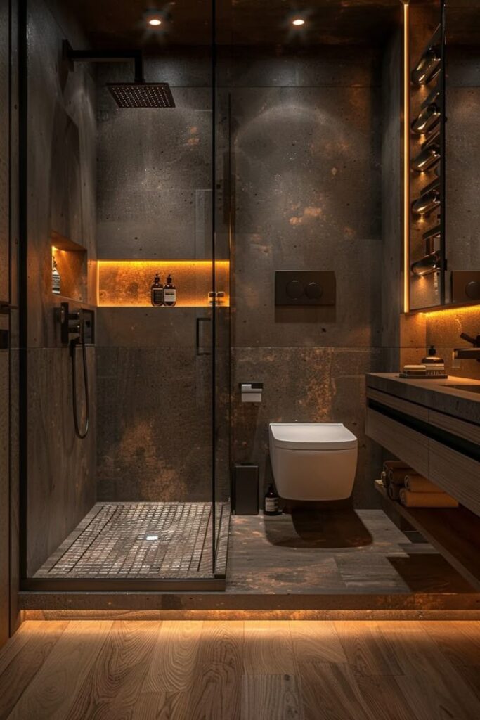 Modern bathroom interior with sleek shower, dark tiles, wooden floor, and subtle lighting for a luxurious atmosphere.