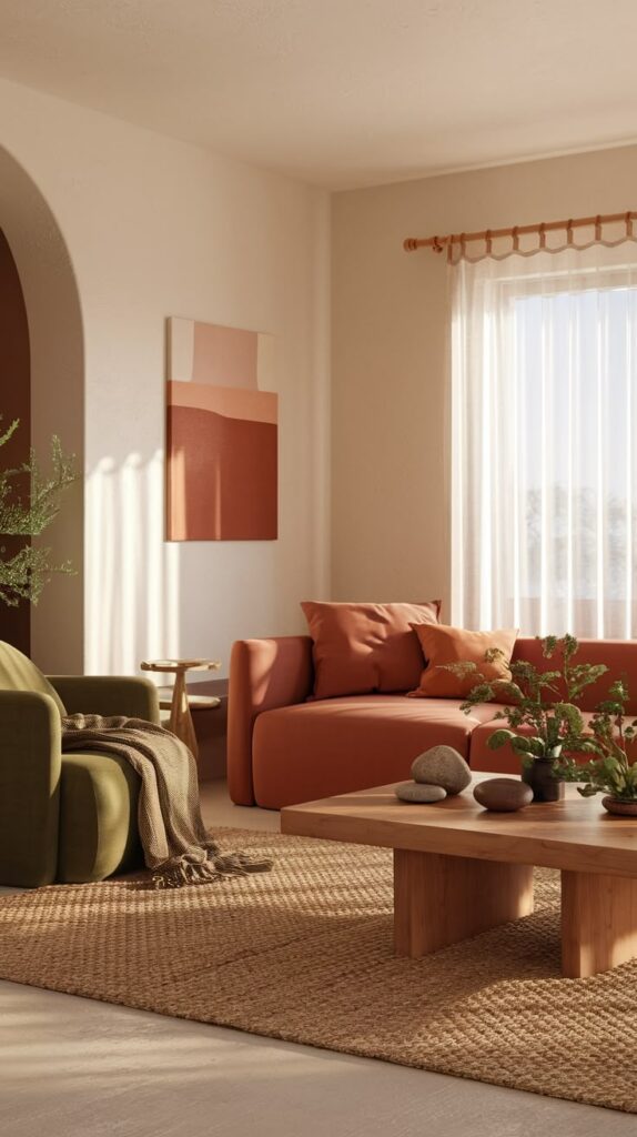 Modern living room with earthy tones, featuring red sofa, green armchair, wooden table, and natural light from large window.