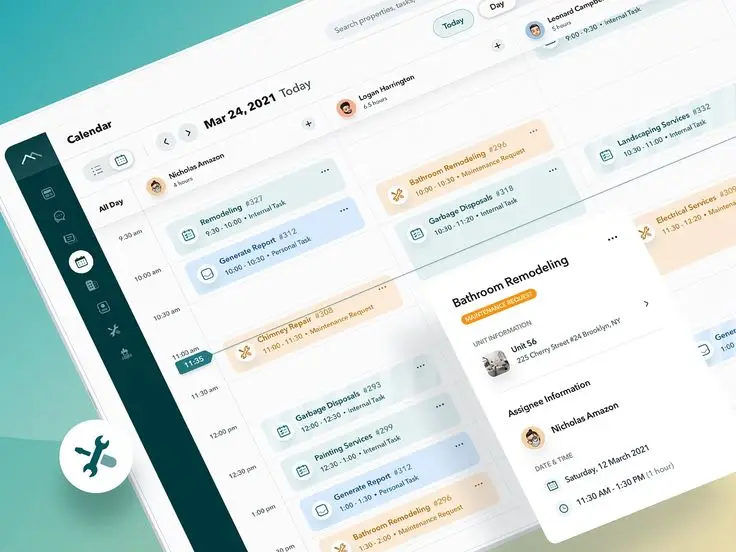 Digital calendar interface showing daily tasks and appointments for March 24, 2021, including remodeling projects.