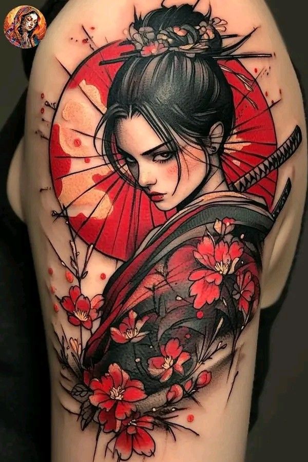 Tattoo of a woman in traditional attire with a red parasol and cherry blossoms on the arm.