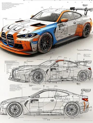 Detailed car blueprint and design featuring a sporty race car with colorful exterior elements.