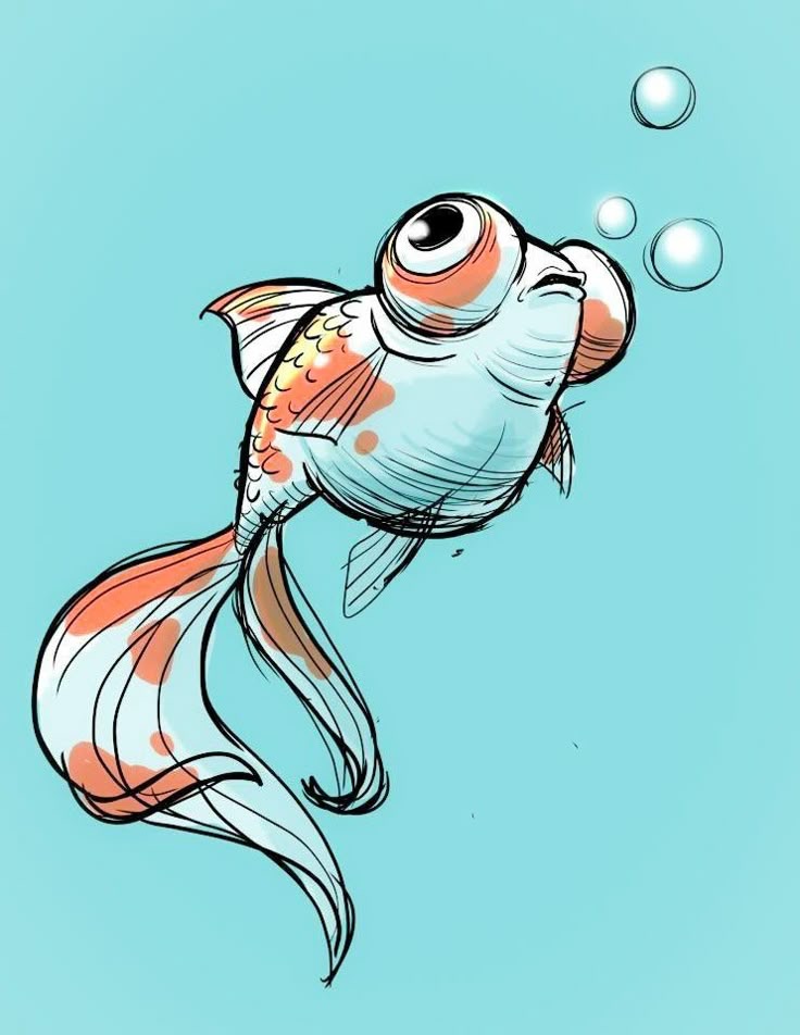 Illustration of a whimsical, large-eyed fish with bubbles on a blue background.