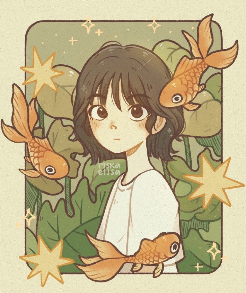 Illustrated girl surrounded by goldfish, with green leafy background and yellow star accents.