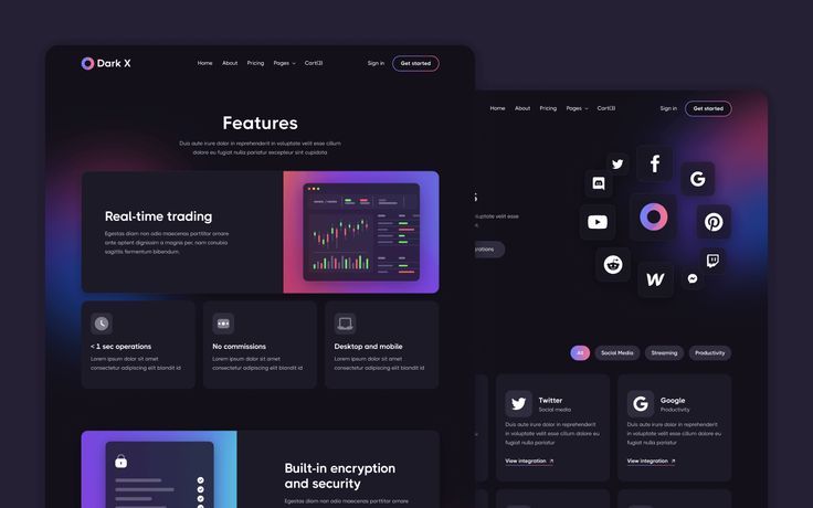 Dark-themed website design showcasing real-time trading features and social media integrations.