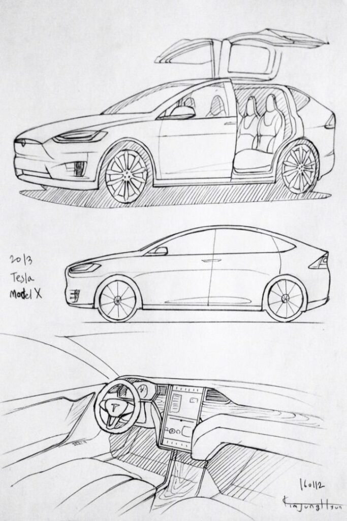 Hand-drawn sketches of the 2013 Tesla Model X, highlighting side profile, open falcon doors, and interior dashboard.