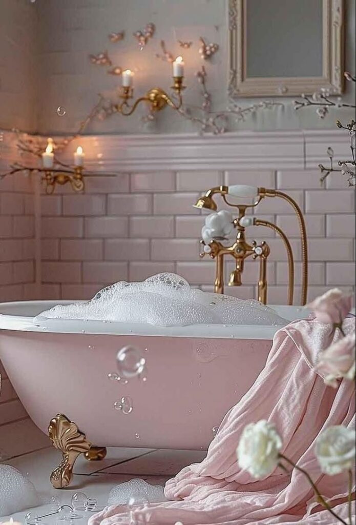 Luxurious pink bathtub with candles, bubbles, and gold fixtures in elegant bathroom setting.