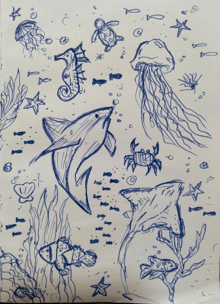 Hand-drawn marine life sketch featuring sharks, seahorse, jellyfish, and turtle amidst seaweed and fish.