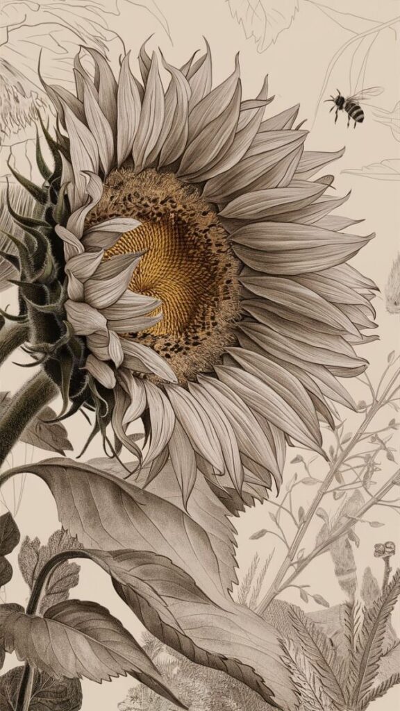 Illustrated sunflower with detailed petals and leaves, complemented by a bee in flight.