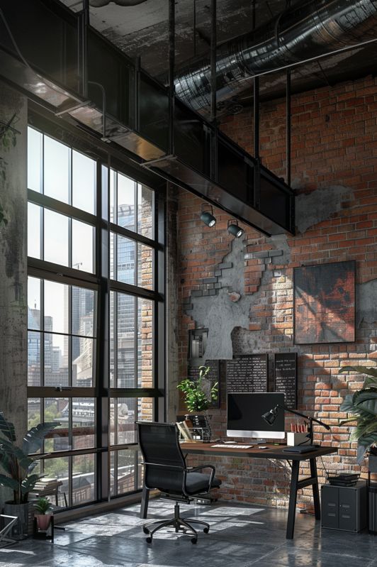 Loft-style office with exposed brick walls, large windows, desk, chair, computer, and urban view. Industrial design.