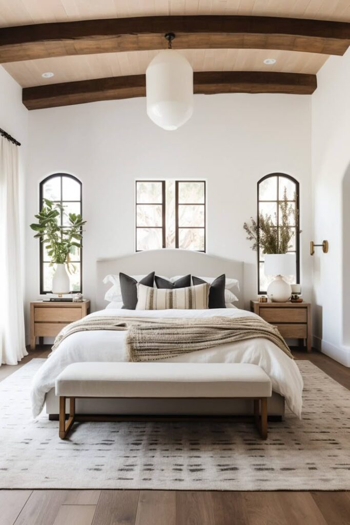 Minimalist bedroom design with cozy bed, wooden beams, and elegant decor elements.