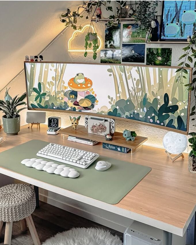 Aesthetic gaming setup with a wide monitor, plants, and cute decor for an inspiring workspace environment.