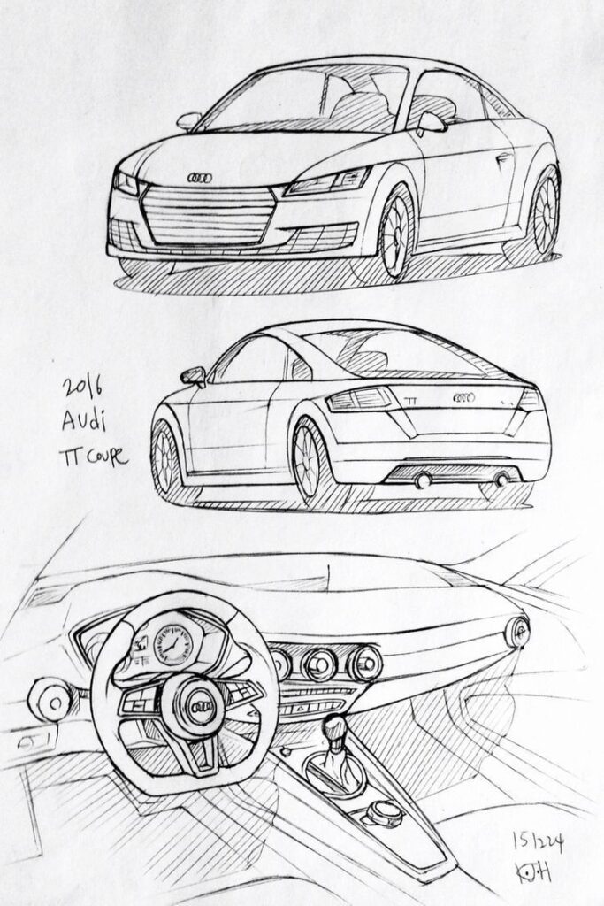 Sketch of a 2016 Audi TT Coupe showing front, rear, and interior dashboard views.