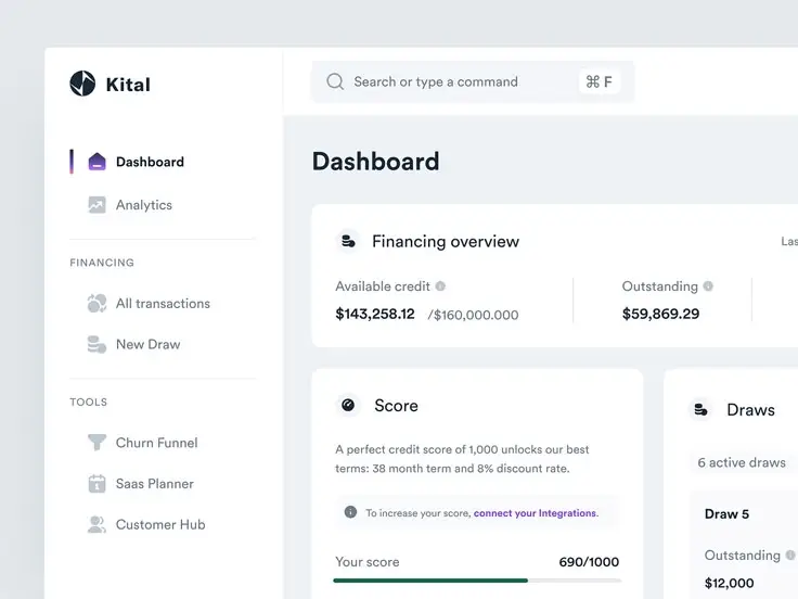 Finance dashboard showing available credit, outstanding amounts, and tools like Churn Funnel and SaaS Planner.