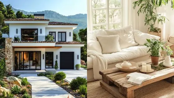 6 Important Outdoor Renovations Tips for an Eco-Friendly Home Modern house exterior with lush landscape and cozy living room interior featuring a white sofa and wooden table. | Sky Rye Design Modern house exterior with lush landscape and cozy living room interior featuring a white sofa and wooden table.