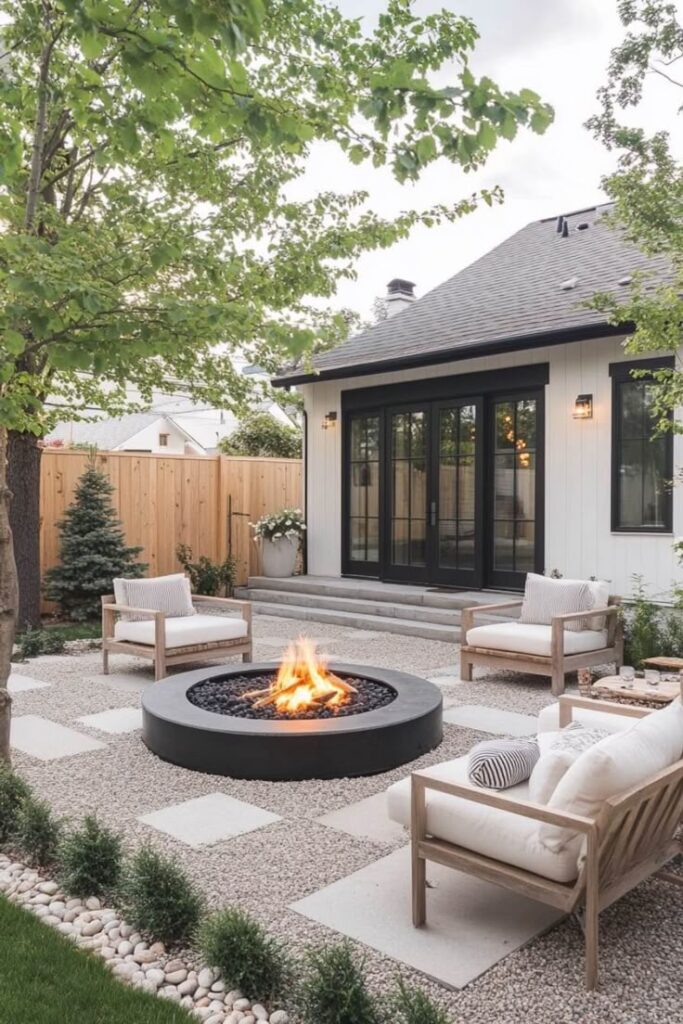 Modern backyard with fire pit, cozy seating, and lush greenery, perfect for outdoor relaxation.