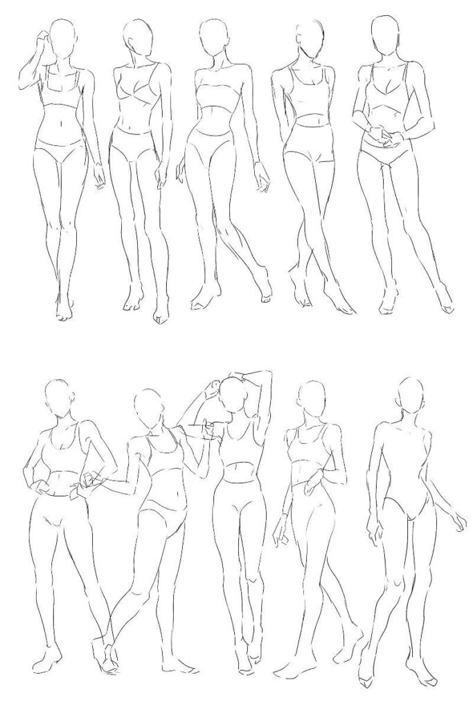 Fashion illustration of nine female figure sketches in various standing and pose positions, showcasing diverse outlines.