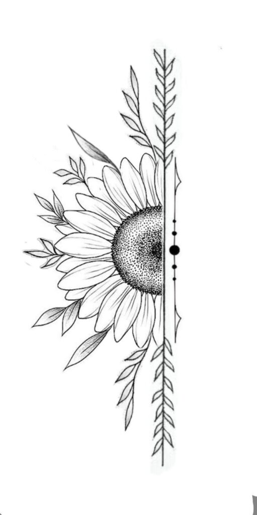 Black and white sunflower sketch with leaves and decorative vertical line design.