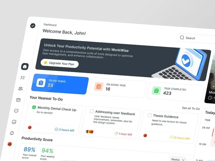 Productivity dashboard showing tasks, productivity score, and upgrade option for enhanced task management tools.