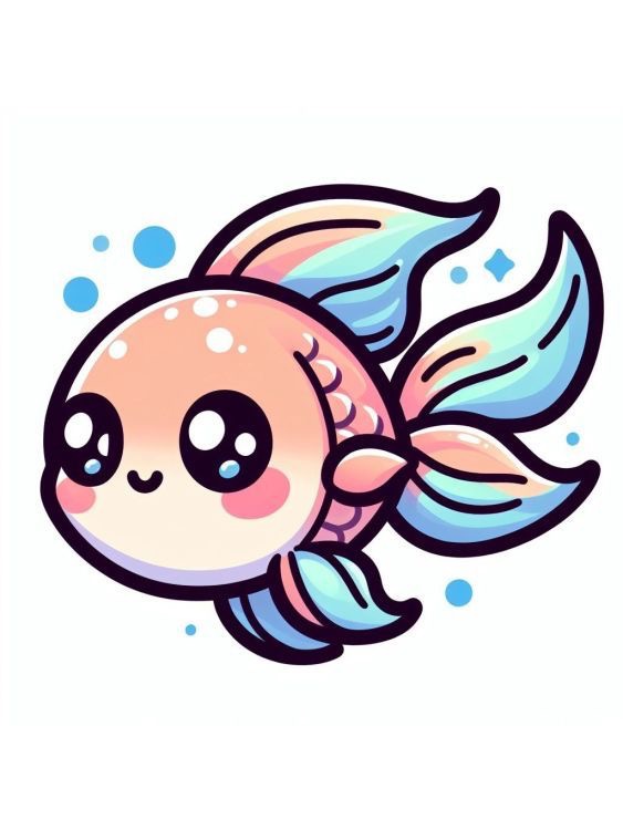 Cute kawaii style cartoon fish with big eyes and pastel colors swimming, surrounded by bubbles.