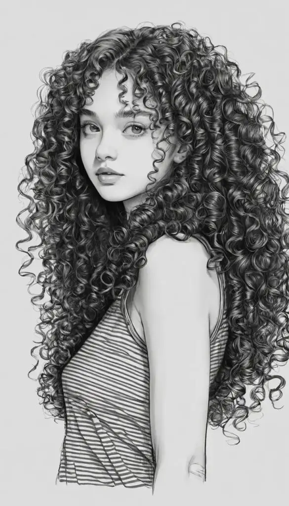 Illustration of a woman with long curly hair and striped top, looking sideways. Black and white sketch style.