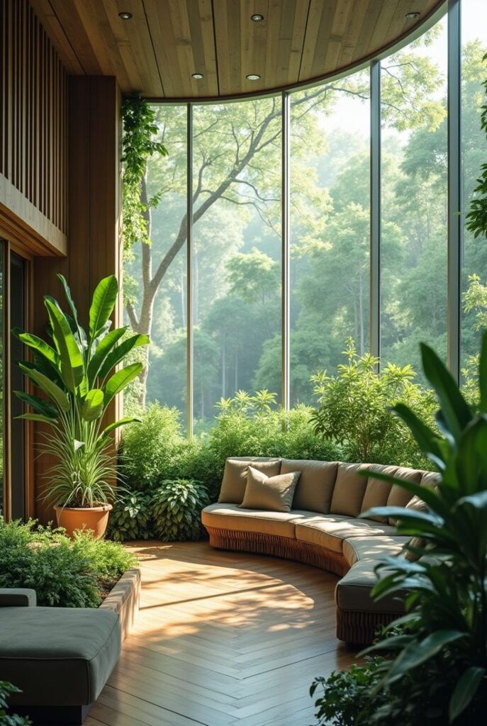 Modern living room with large windows, plants, and a cozy sofa, blending nature and comfort for a serene retreat.