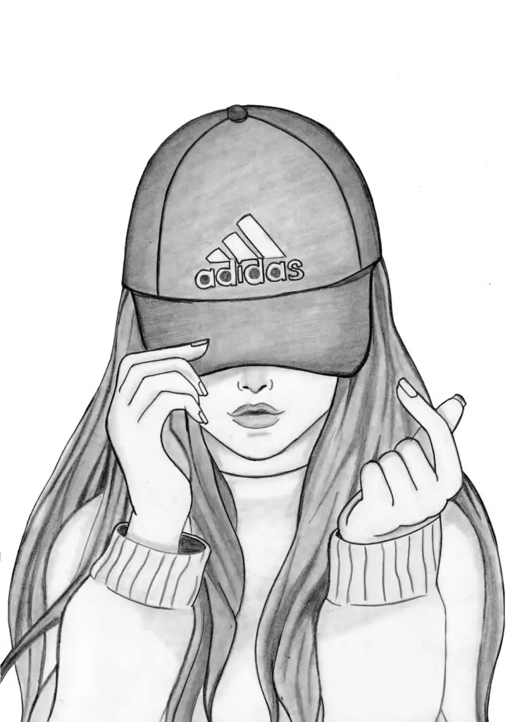 Stylish woman with long hair wearing an Adidas cap, drawing art.