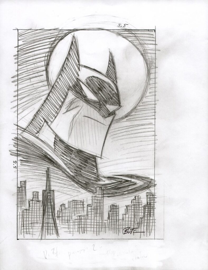 Pencil sketch of a superhero figure over a city skyline with a full moon background.