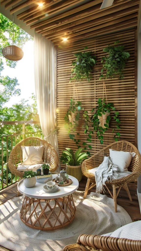 Cozy balcony with wicker chairs, plants, and coffee table under wooden ceiling, perfect for relaxing mornings.