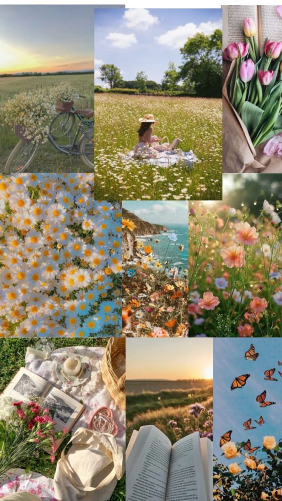 Collage of flowers, picnic scene, butterflies, and nature, capturing serene outdoor beauty and relaxation.