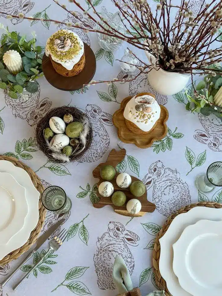 72c3cb12cf24d135e71f4c043630ca0a Easter-themed table setting with cakes, eggs, and spring decor on a bunny-patterned tablecloth. | Sky Rye Design Easter-themed table setting with cakes, eggs, and spring decor on a bunny-patterned tablecloth.