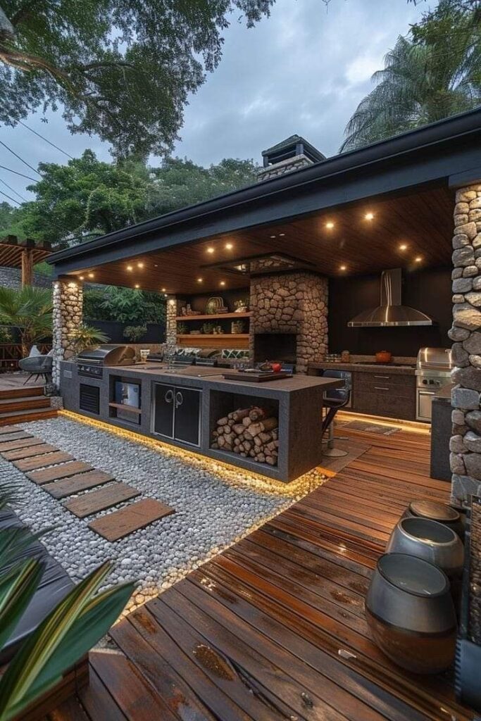 Outdoor stone kitchen with modern lighting, wooden decking, and grill amidst lush greenery and twilight ambiance.