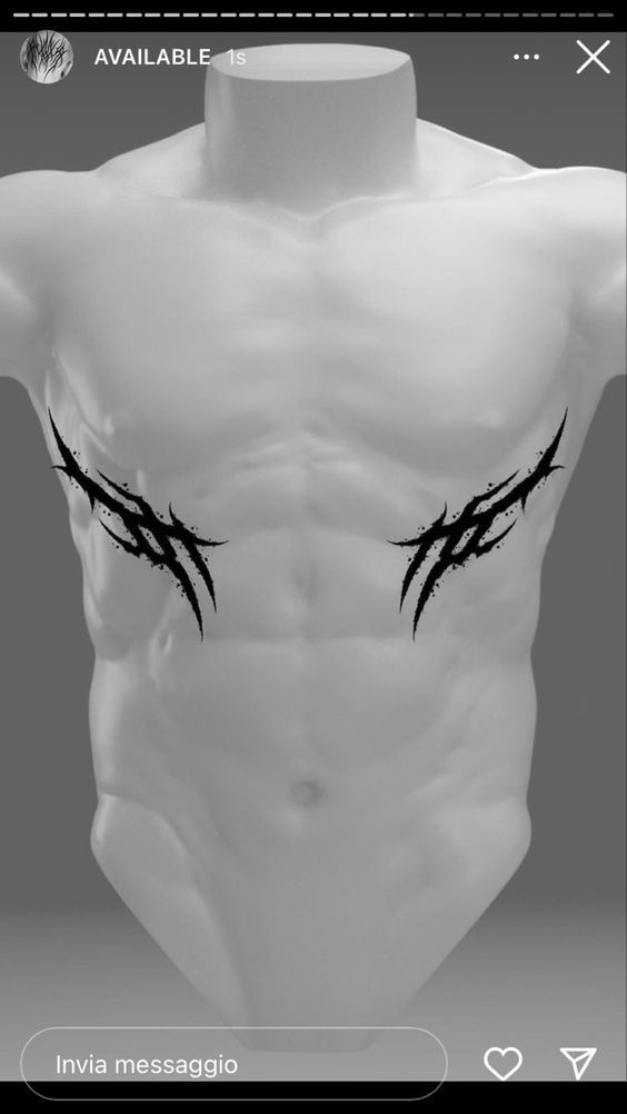 3D mannequin torso with symmetrical tribal tattoos on the sides, grayscale minimalist design.