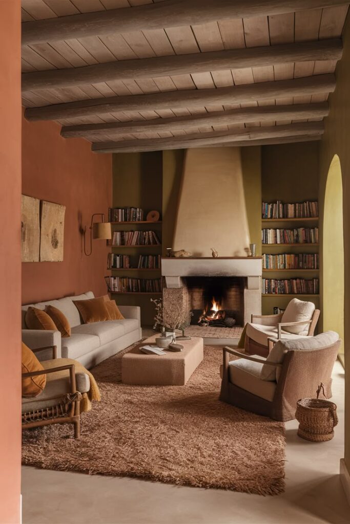 Cozy living room with fireplace, earth-toned decor, plush rug, and bookshelves for a warm, inviting atmosphere.