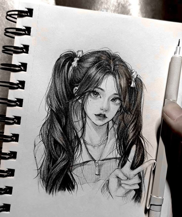 Hand-drawn portrait of a girl with long hair in pigtails making a peace sign, on a sketchbook page with a pencil.