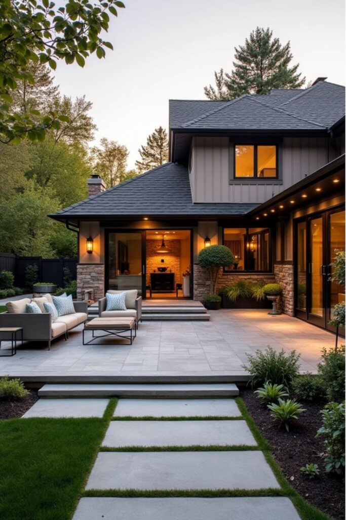 Modern patio with outdoor seating and lush greenery beside a stylish house at dusk, creating a cozy and inviting atmosphere.