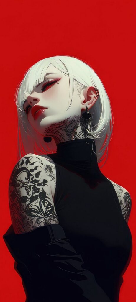 Digital artwork of a woman with white hair, intricate tattoos, and a piercing gaze against a bold red background.