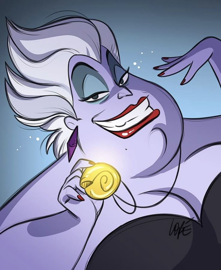 Cartoon villainess holding a glowing golden seashell necklace with a sly smile.