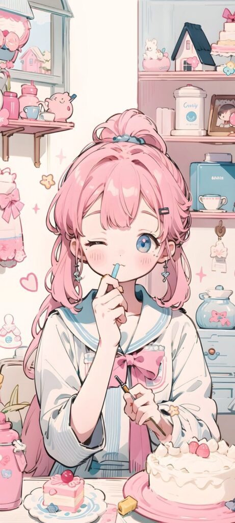 Anime girl with pink hair in a pastel-themed bakery, enjoying a treat.