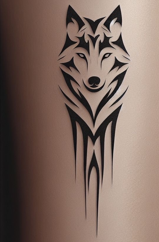 Stylized tribal wolf tattoo design with sharp, angular lines on a neutral background.