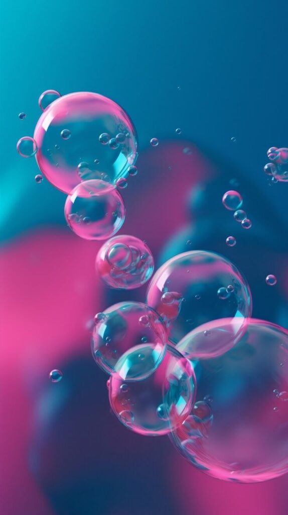 Vibrant pink and blue bubbles floating on a colorful background, creating a dreamy abstract visual effect.