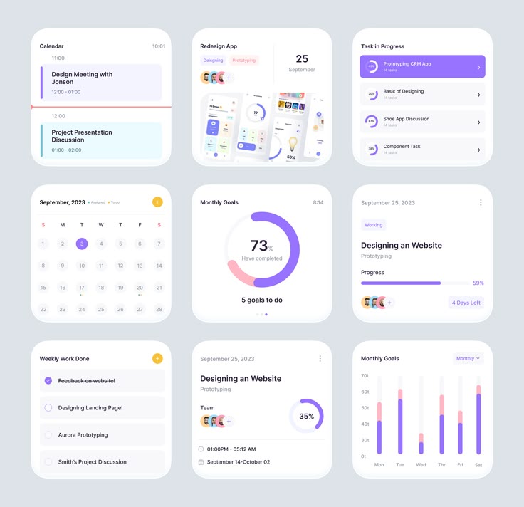 Dashboard displaying task progress, calendar, goals, and project details for September 2023 in a modern UI layout.