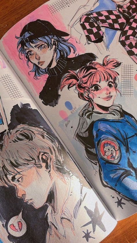 Colorful sketchbook art featuring diverse anime-style characters in various outfits and expressions.